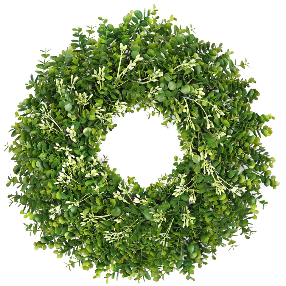 RHTRJ 26-inch greenery eucalyptus boxwood wreath on front door for seasonal curb appeal.