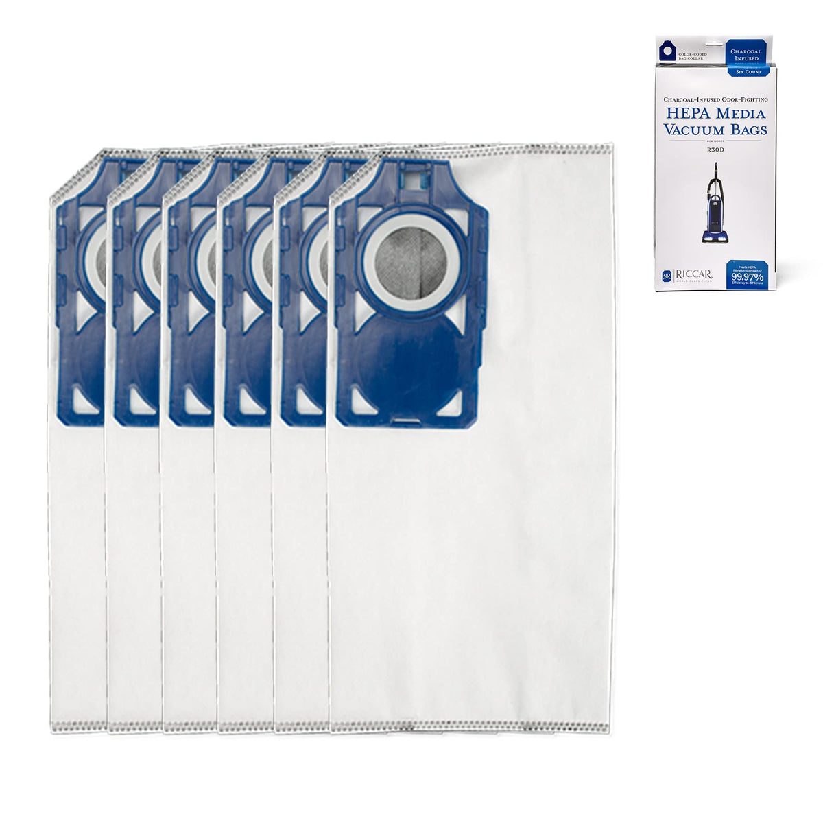 Riccar R30D HEPA replacement bags packaging for six-pack odor control and filtration