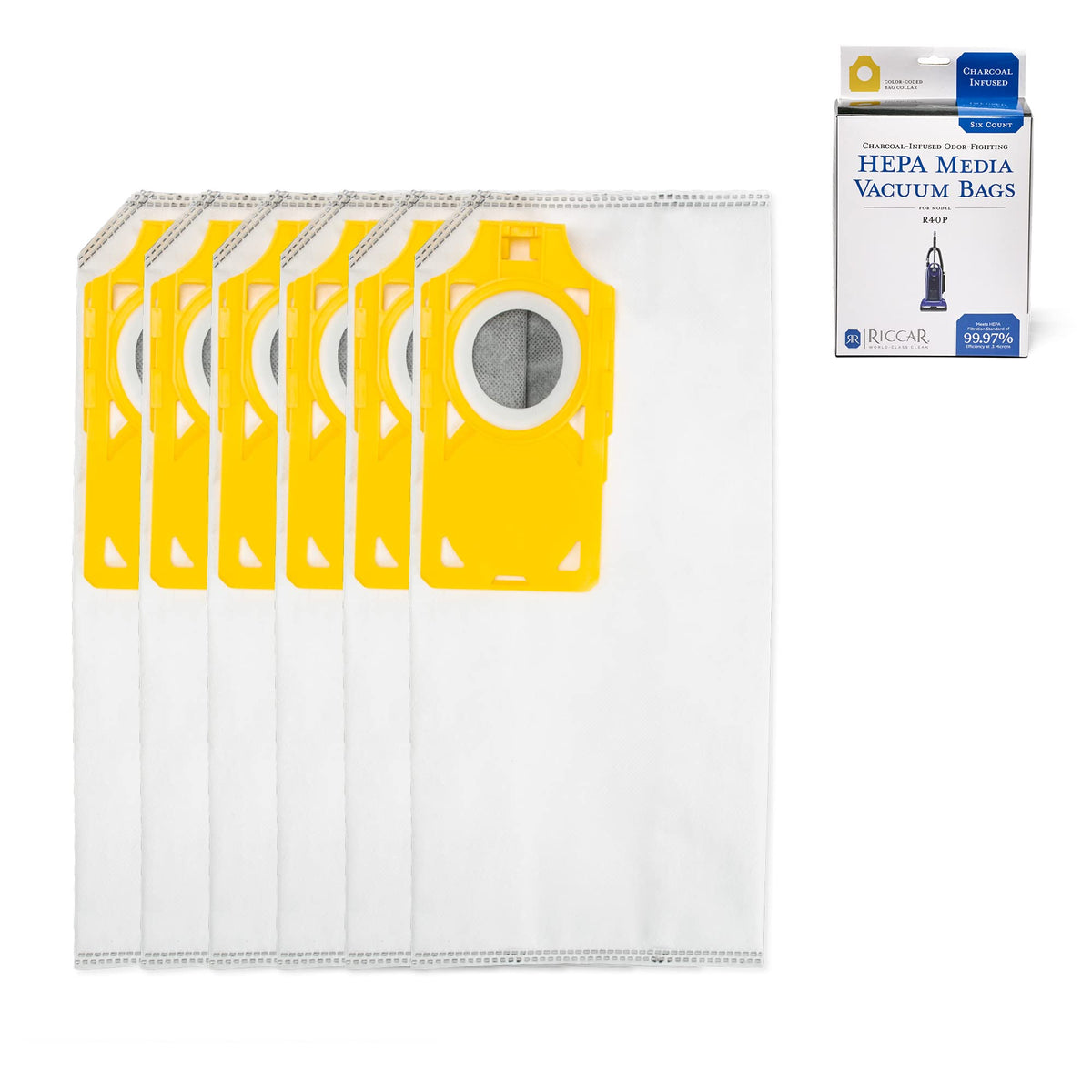 Riccar R40P HEPA bags with a yellow collar for easy six-pack replacement and filtered air.