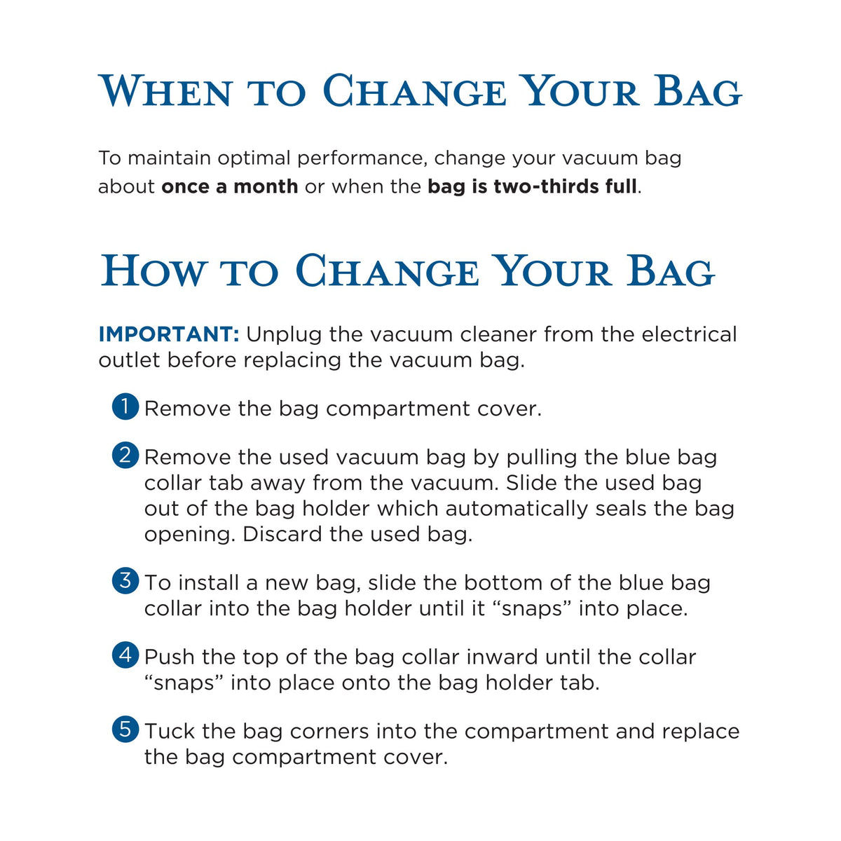 Riccar Tandem Air blue dock connection shows easy bag install