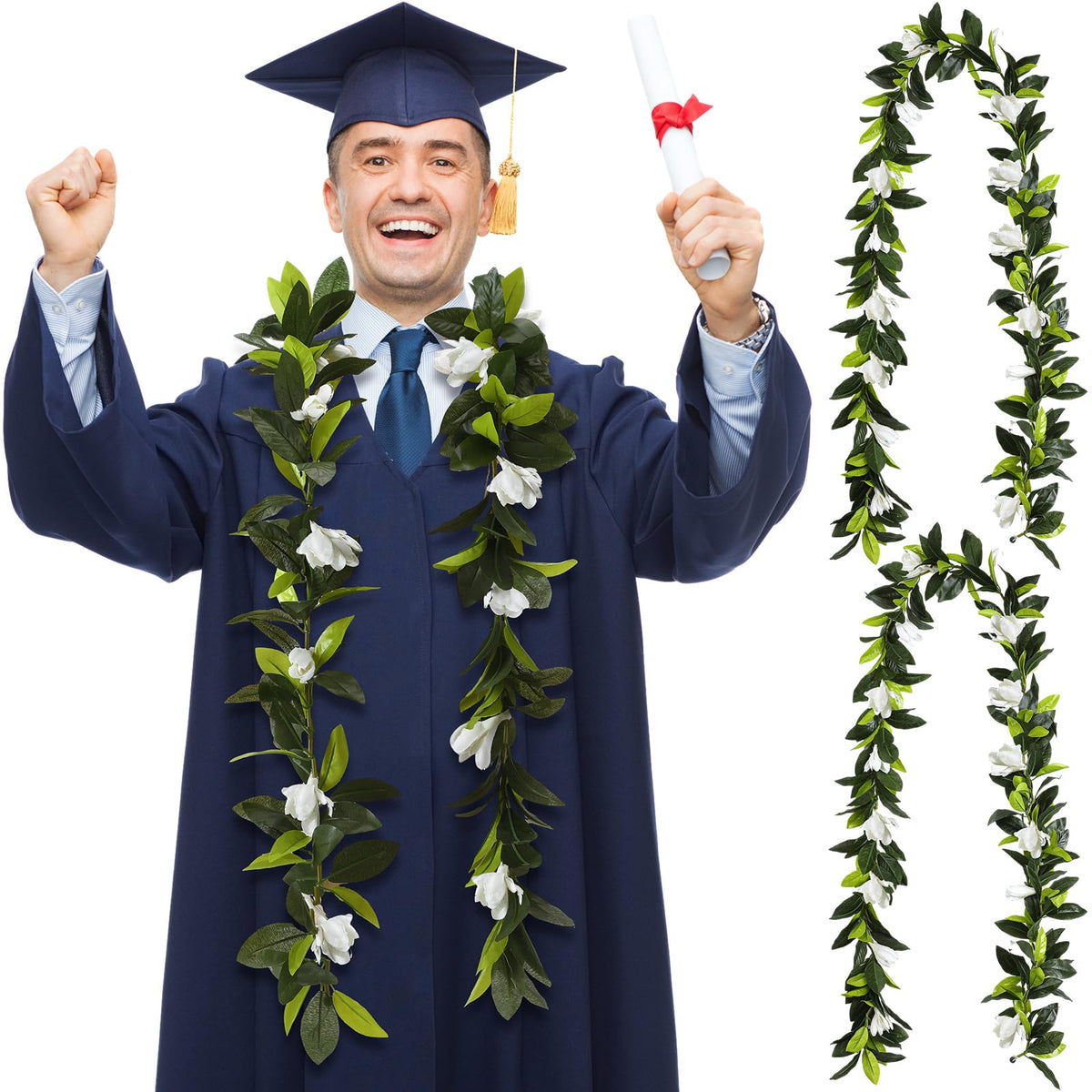 Riceshoot Hawaiian graduation lei with green leaves and white blooms, ideal for ceremony decor.