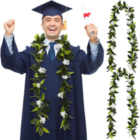 Riceshoot Hawaiian graduation lei with green leaves and white blooms, ideal for ceremony decor.