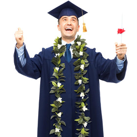 Riceshoot graduation lei with green leaves and white blooms for elegant graduation decor.
