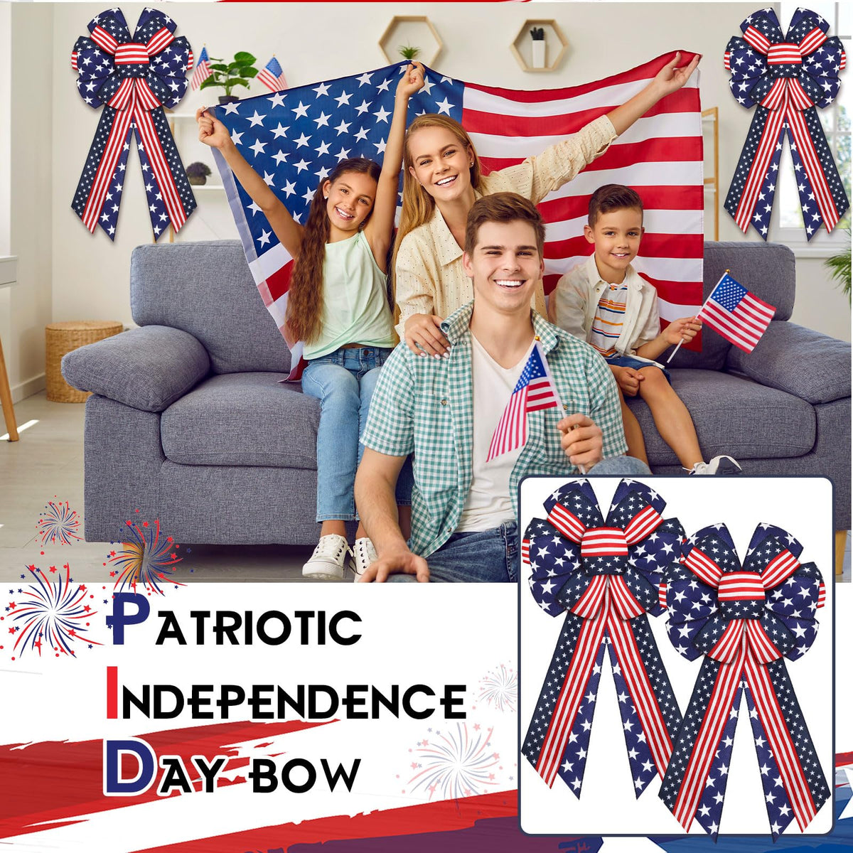 Riceshoot indoor-outdoor patriotic bow designed for versatile placement.