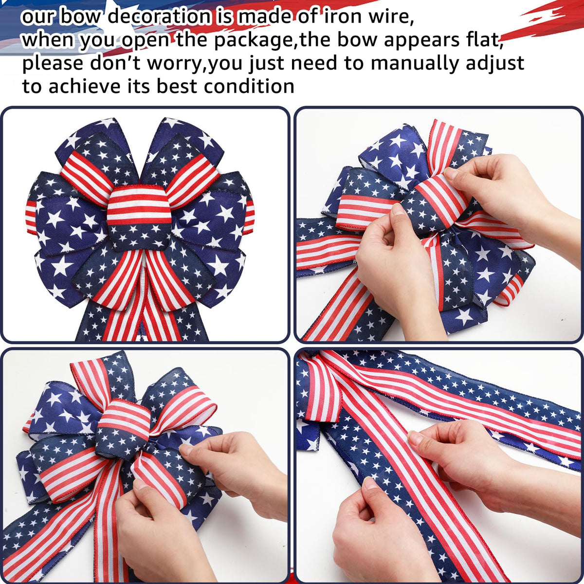 Riceshoot red white blue burlap bow with wire for easy shaping.