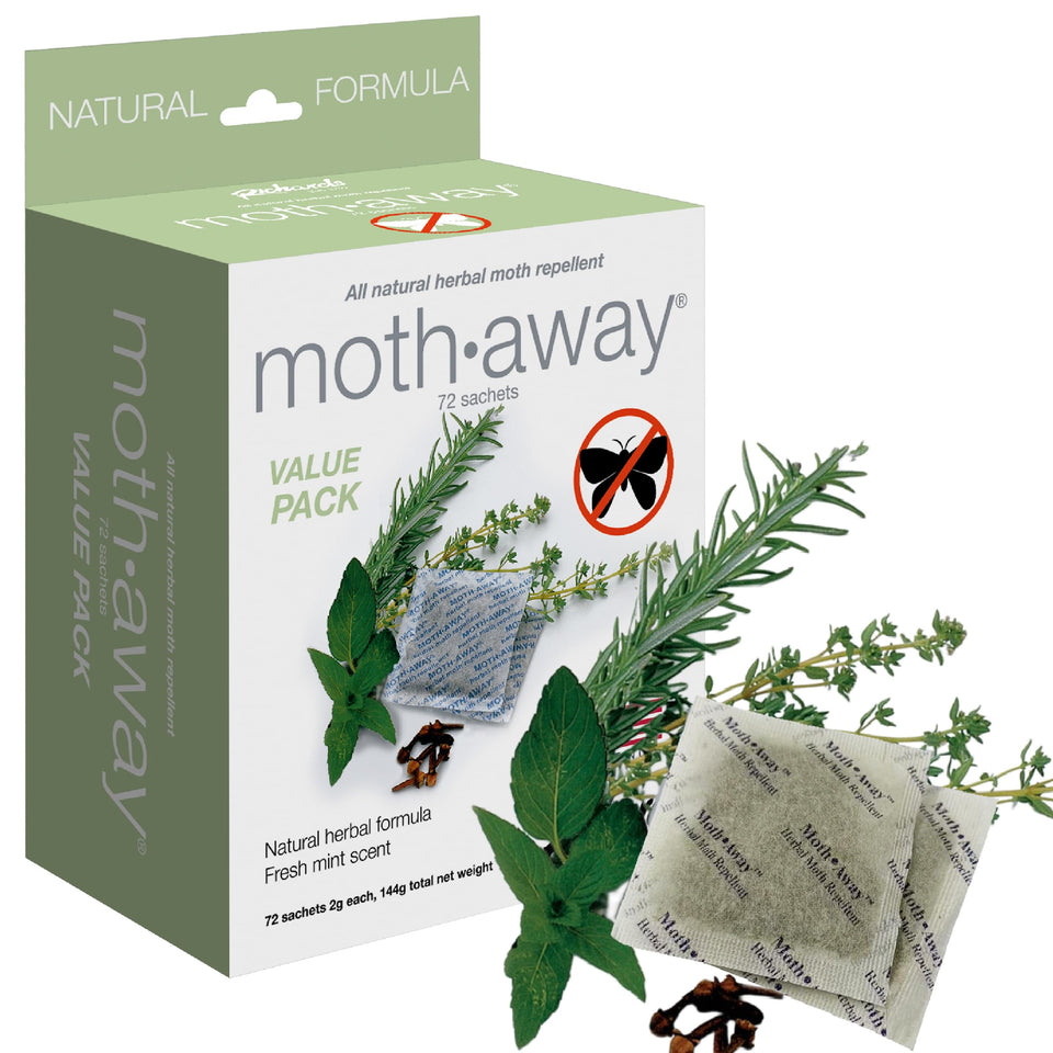 Richards Moth Away sachets front view showing 72-pack packaging for bulk storage protection.