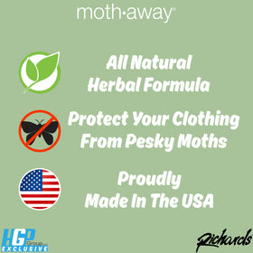 Richards Moth Away sachets in closet scene offering natural, chemical-free moth deterrence.