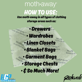Richards Moth Away sachets in drawer setting providing a fresh herbal aroma for organized spaces.
