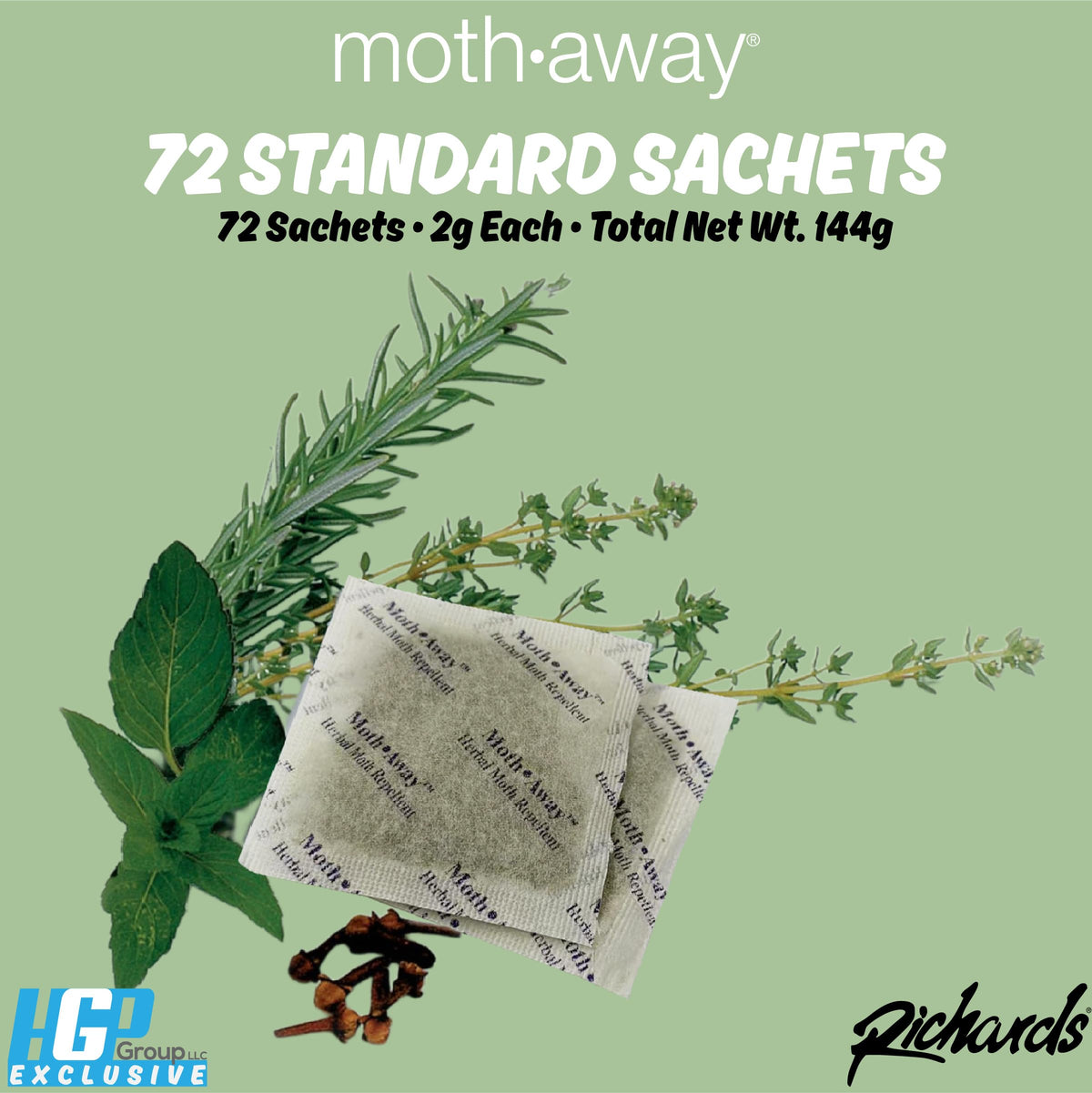 Richards Moth Away sachets natural-ingredients highlight gentle plant-based protection for textiles.