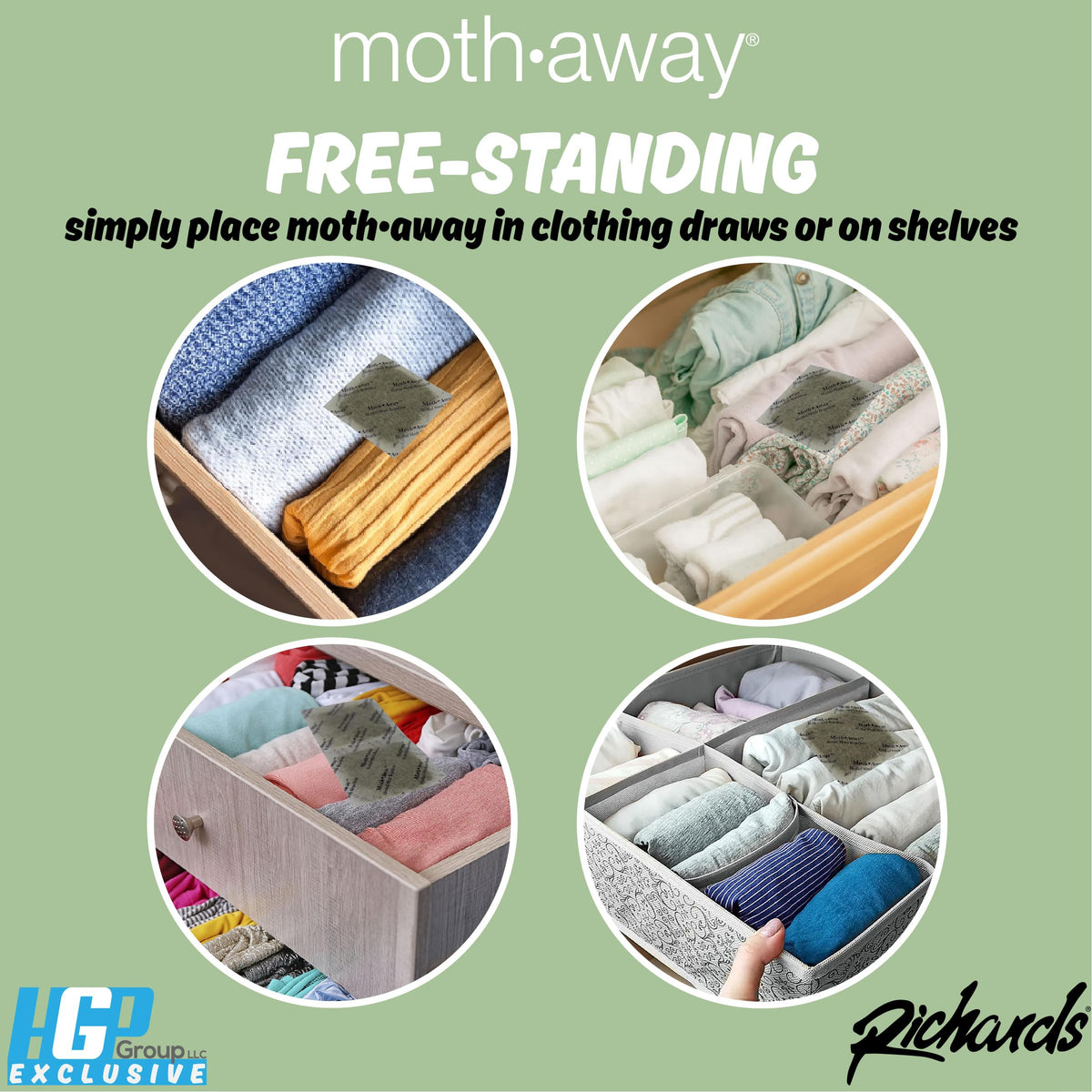 Richards Moth Away sachets packaging showcases bulk value and simple replenishment.