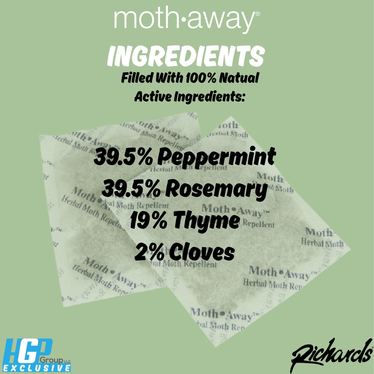 Richards Moth Away sachets USA-made badge emphasizes eco-friendly, non-toxic fabric protection.