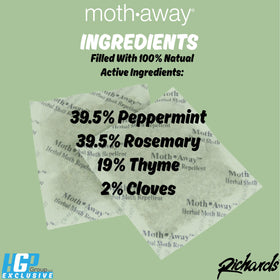 Richards Moth Away sachets USA-made badge emphasizes eco-friendly, non-toxic fabric protection.