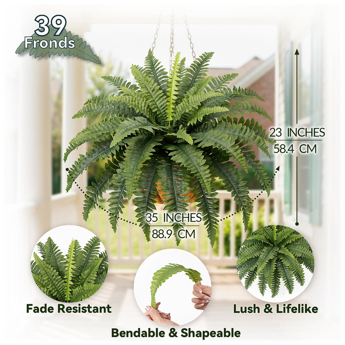 Richeerca artificial Boston fern showing 39 fronds for lush greenery.
