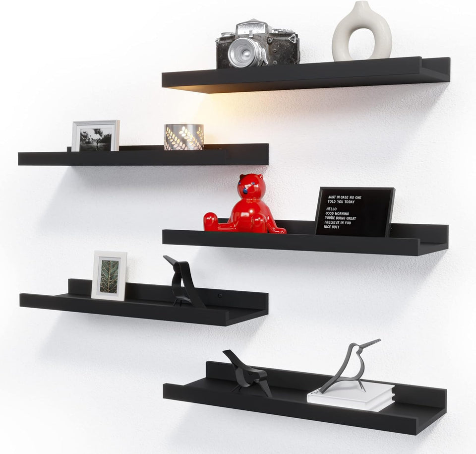 RICHER HOUSE 5-set floating wall shelves in black offer sturdy storage and sleek wall decor.