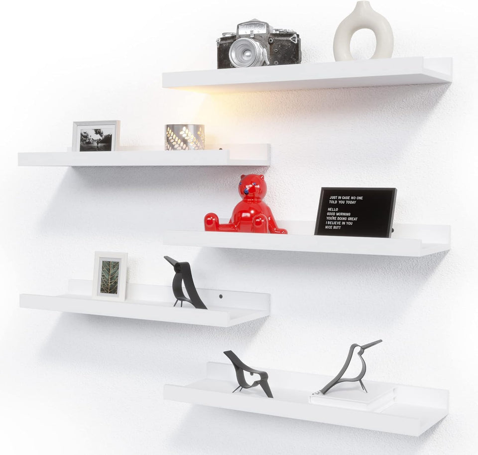 Richer House 5-set white floating shelves for clean wall storage and display.