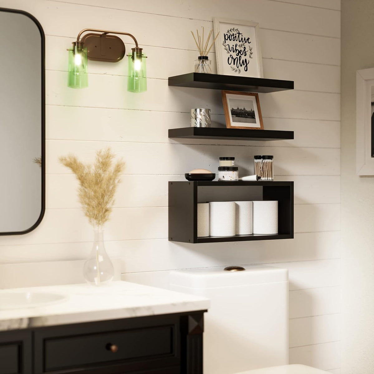 RICHER HOUSE black floating shelves set of 3 for bathroom storage and display.