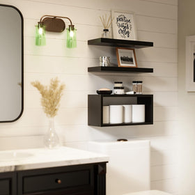 RICHER HOUSE black floating shelves set of 3 for bathroom storage and display.