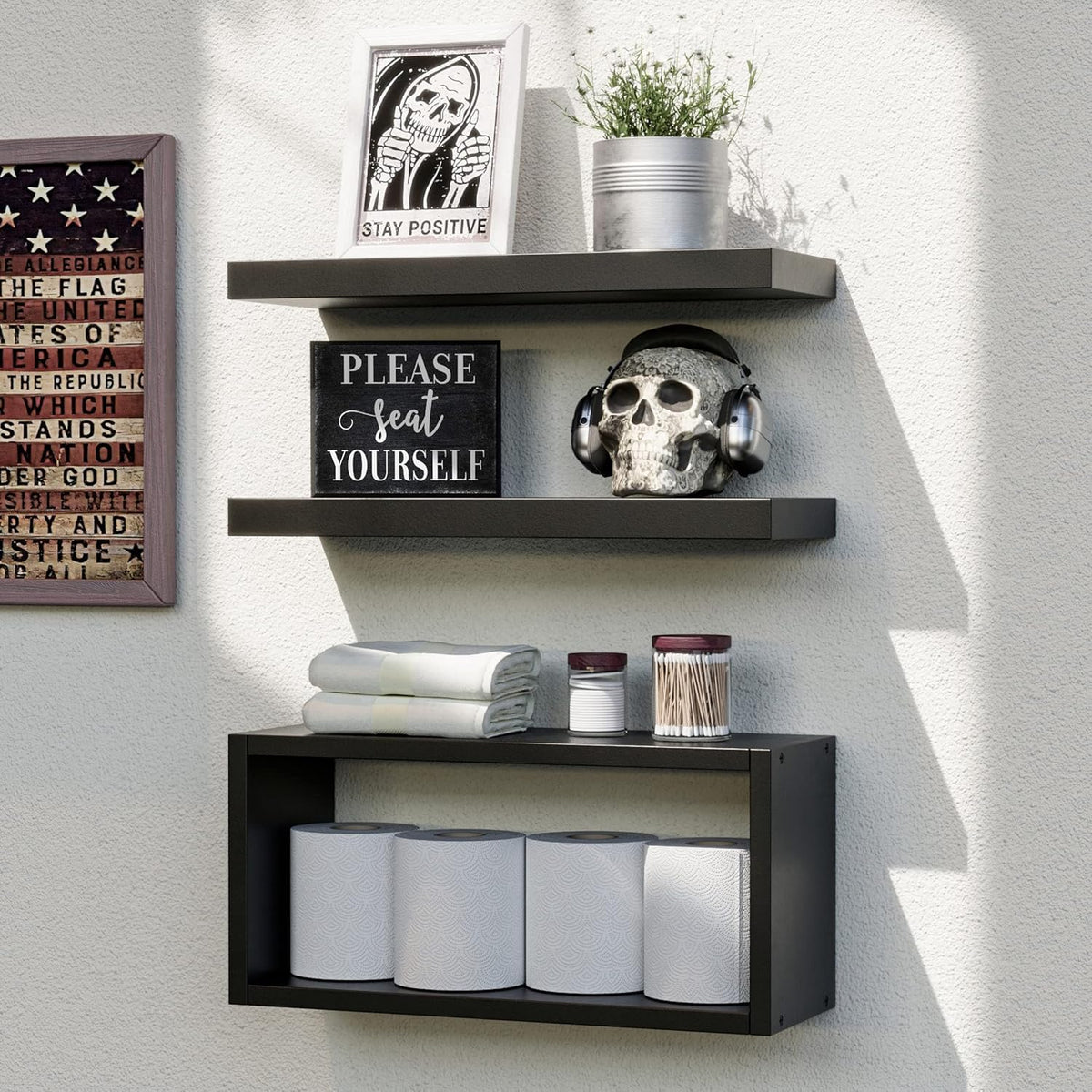 RICHER HOUSE black floating shelves set of 3 over toilet provide discreet bathroom storage.