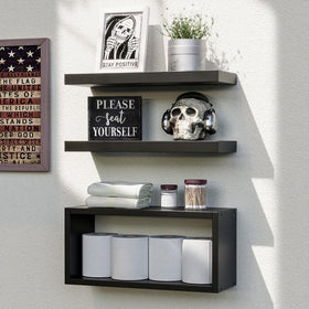 RICHER HOUSE black floating shelves set of 3 over toilet provide discreet bathroom storage.