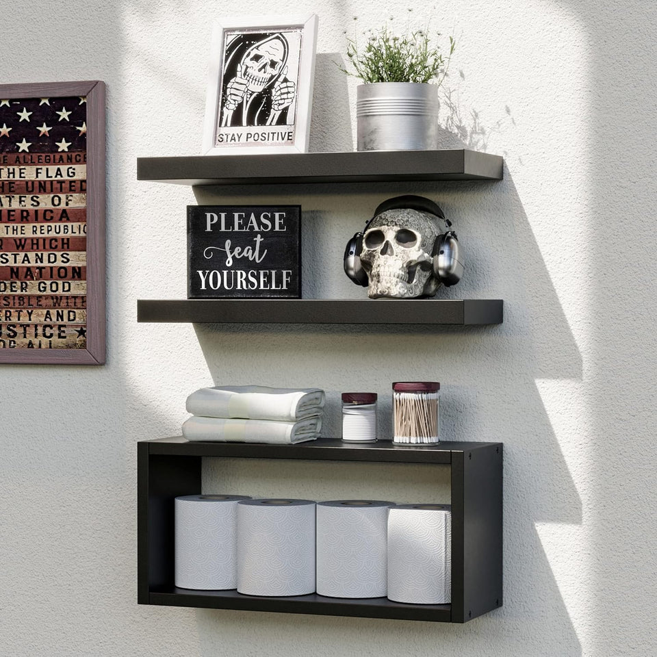 RICHER HOUSE black floating shelves set of 3 over toilet provide discreet bathroom storage.