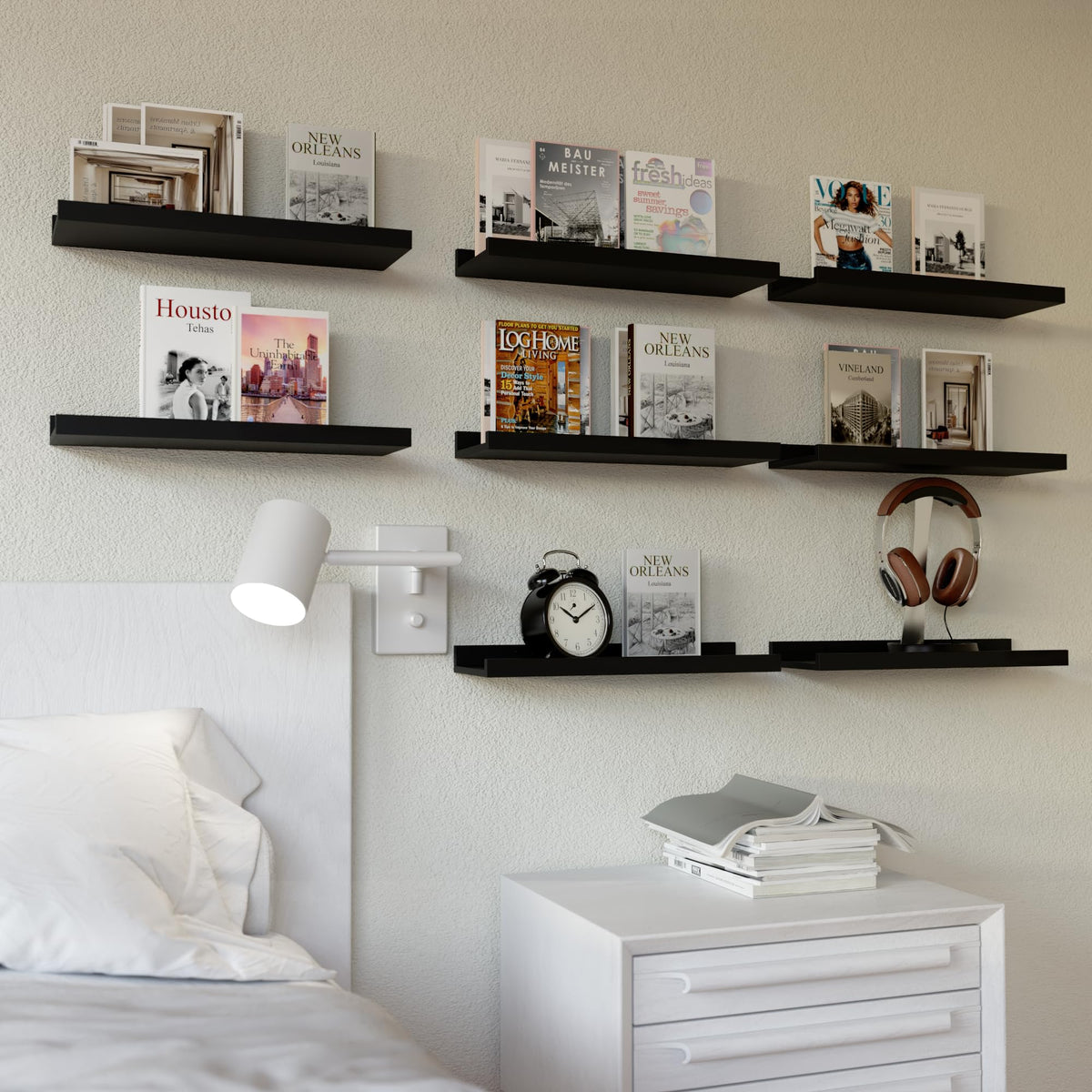 RICHER HOUSE black wall-mounted display ledge ideal for photos, books, and decor.