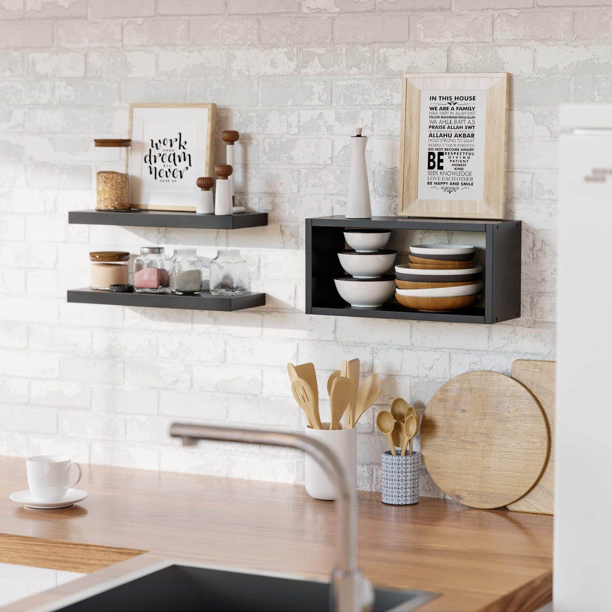 RICHER HOUSE kitchen organization using shelves for spices and small items.
