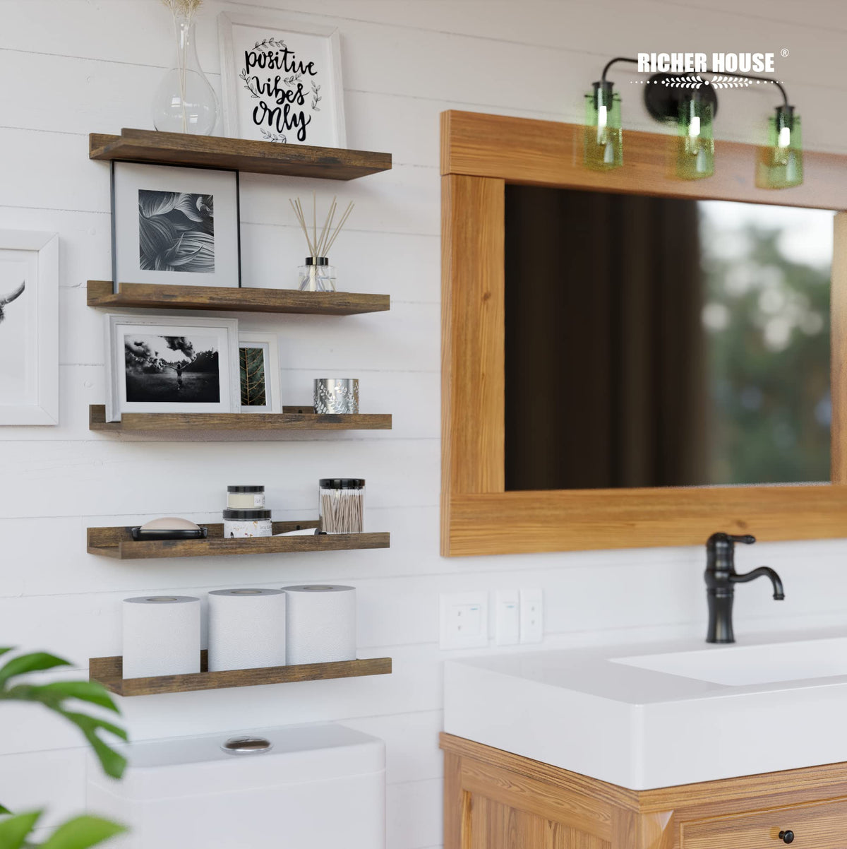 RICHER HOUSE living room display shelves hold plants and decor in flexible layouts