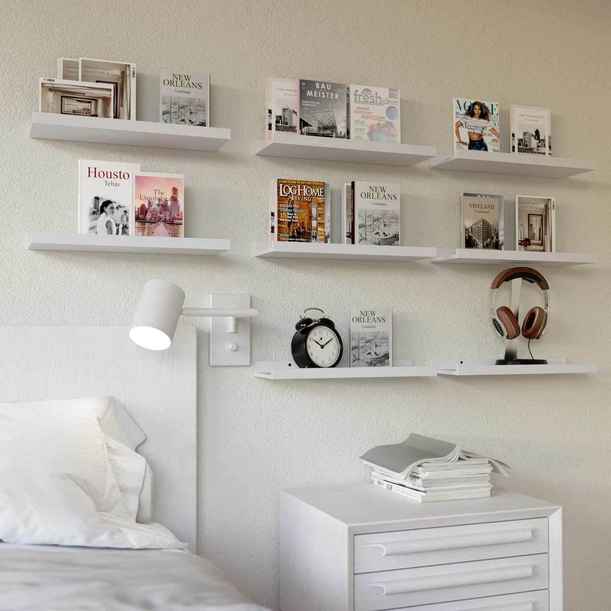 RICHER HOUSE nursery floating shelves keep baby's books within easy reach.