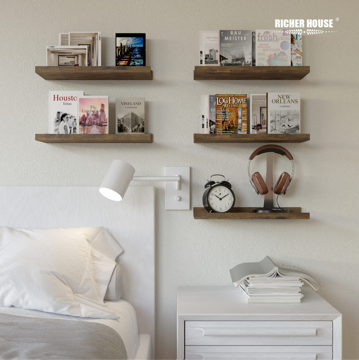 RICHER HOUSE wall-mounted book shelf organizes books while adding clean wall appeal