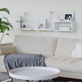 RICHER HOUSE durable-wood shelves provide sturdy storage for everyday items in any room