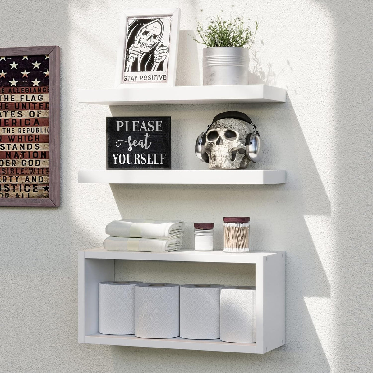 RICHER HOUSE white floating shelves over toilet; sleek storage for towels and decor