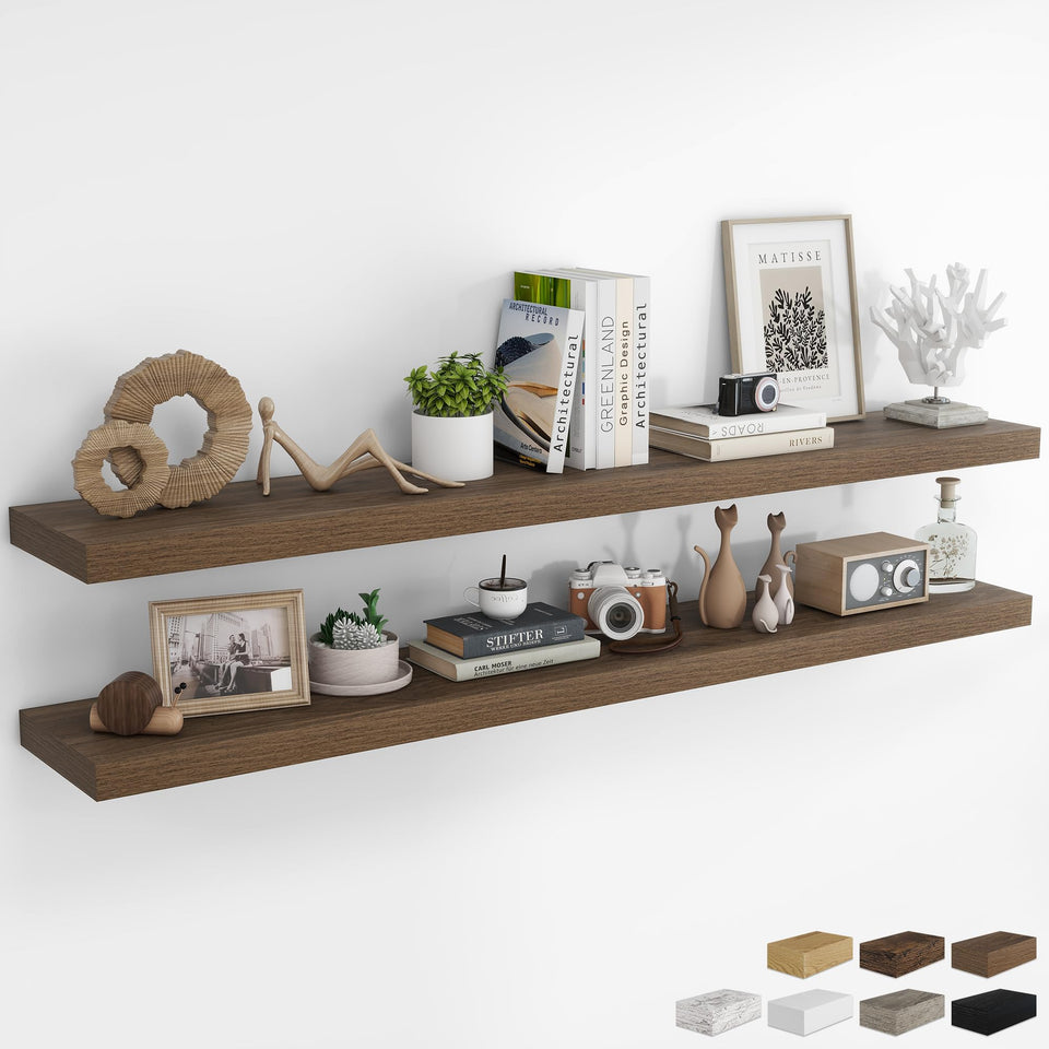 RICHFOCUS 72Inch walnut floating shelves provide stylish wall storage.