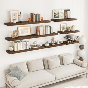RICHFOCUS invisible brackets highlight gap-free installation on rustic brown shelves.