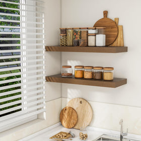 RICHFOCUS walnut wood finish shelf detail highlighting rustic yet modern charm.