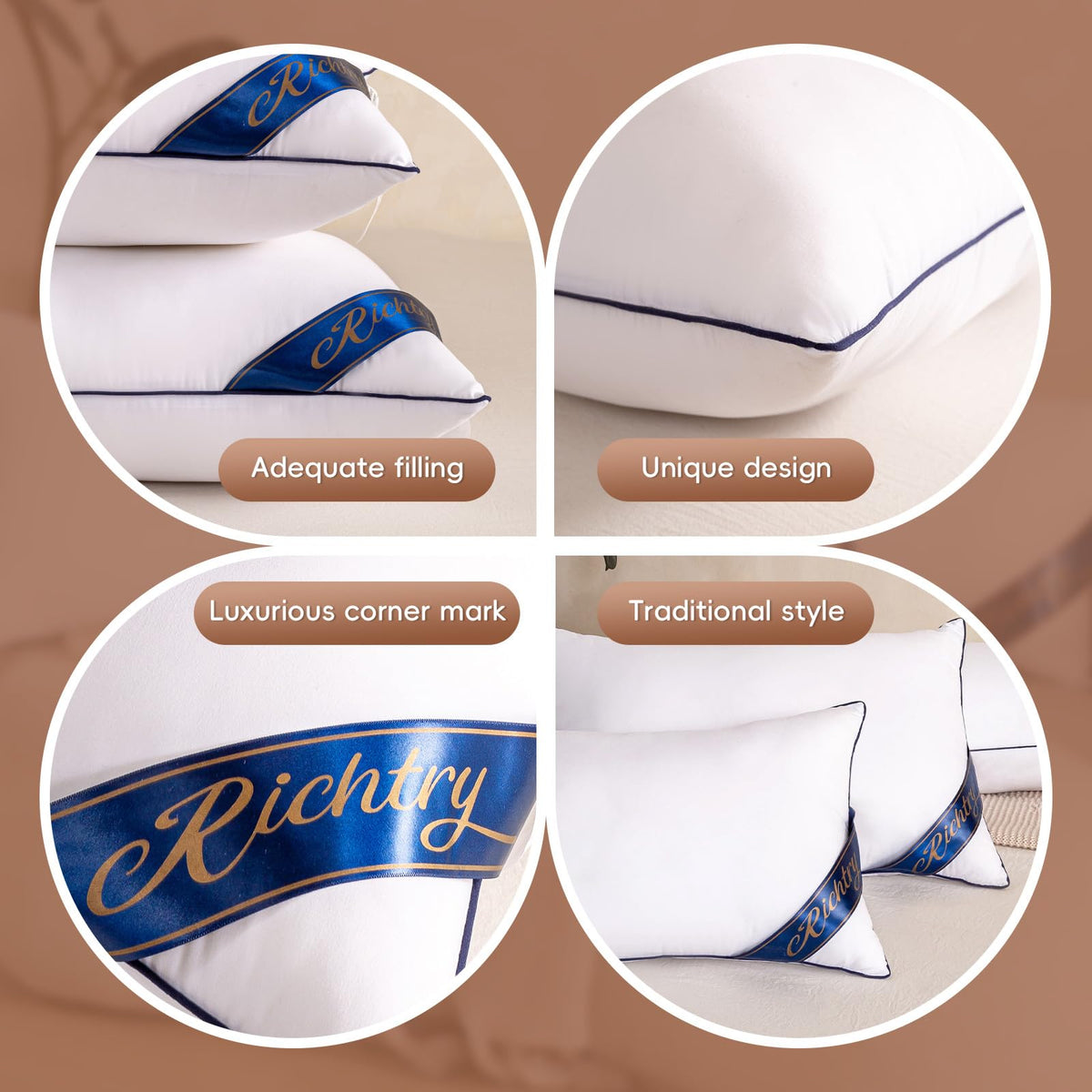 Richtry corner ribbon label in gold foil sits on a fabric surface for refined branding