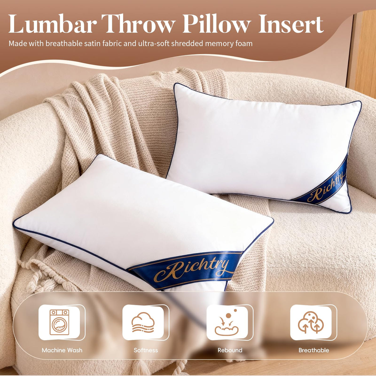 Richtry lumbar pillow insert with blue piping detail adds subtle elegance to a sofa