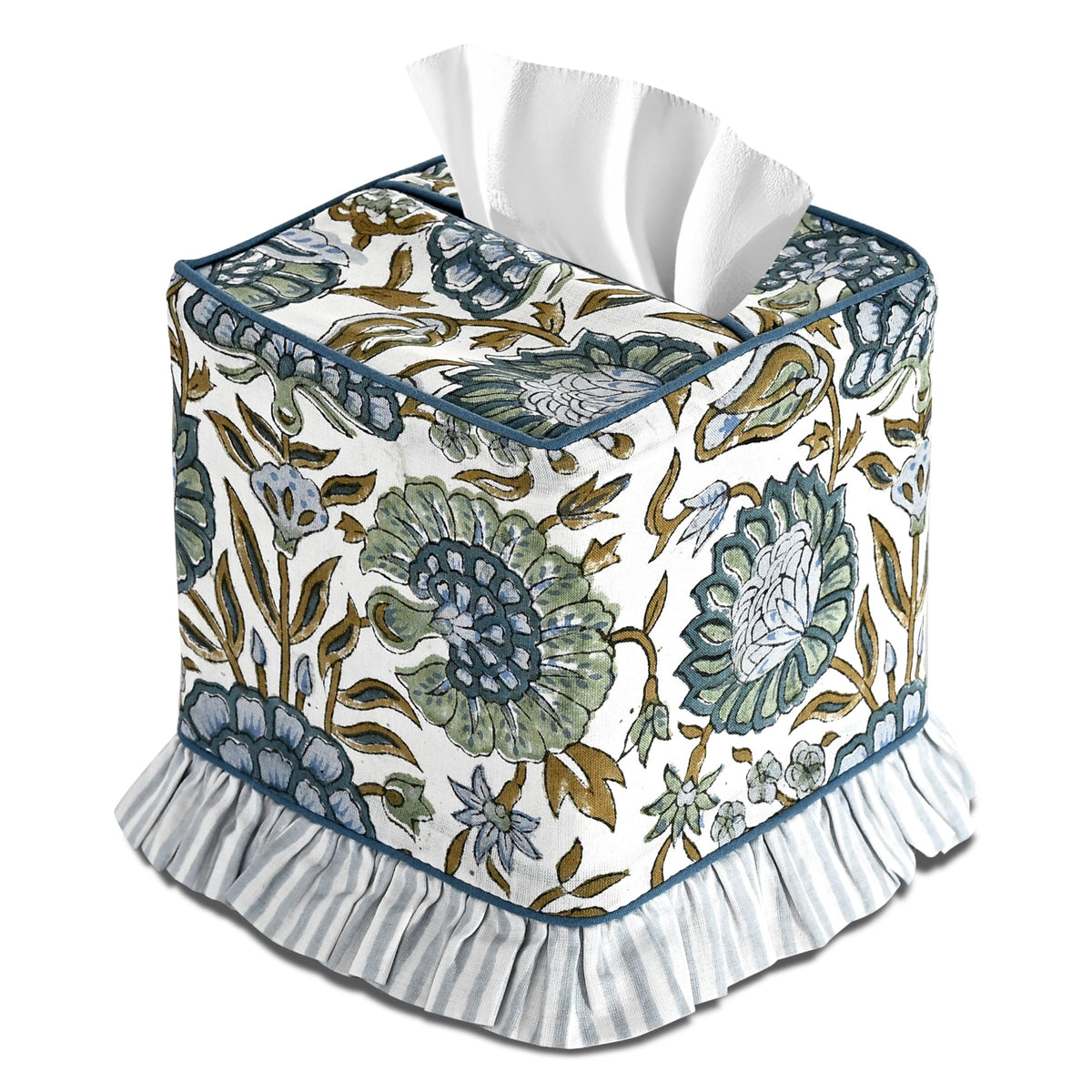 Ridhi asparagus green block print tissue box cover adds elegant texture to any room