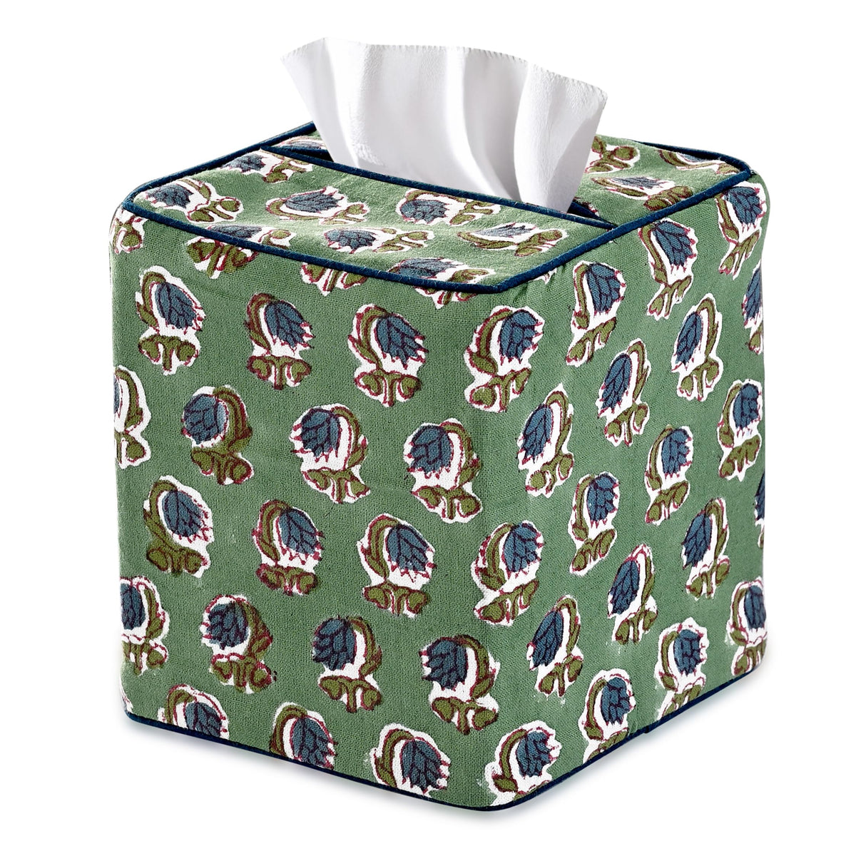Ridhi Basil Green block print tissue box cover enhances living room decor