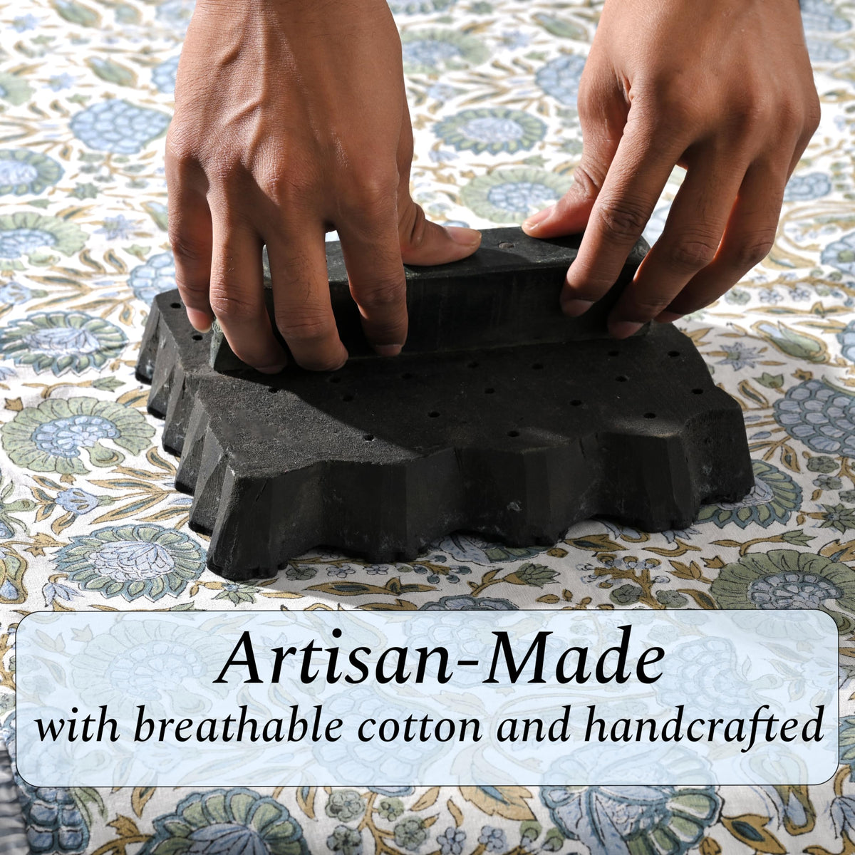 Ridhi Block Print Asparagus Green sham folded to show craftsmanship and pattern