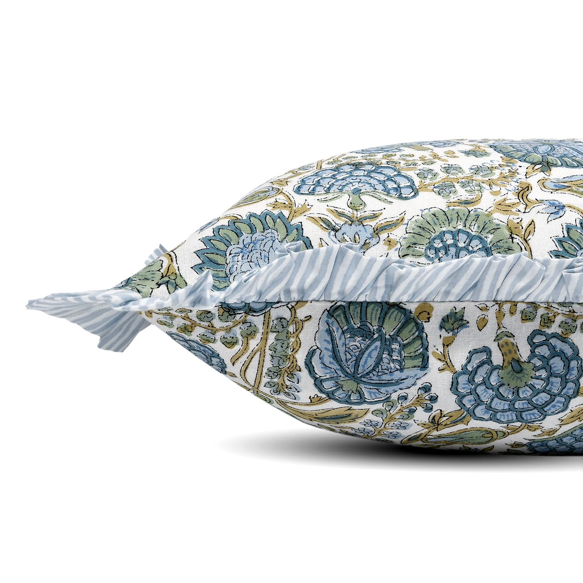 Ridhi Block Print Asparagus Green sham with ruffle edge adds farmhouse charm