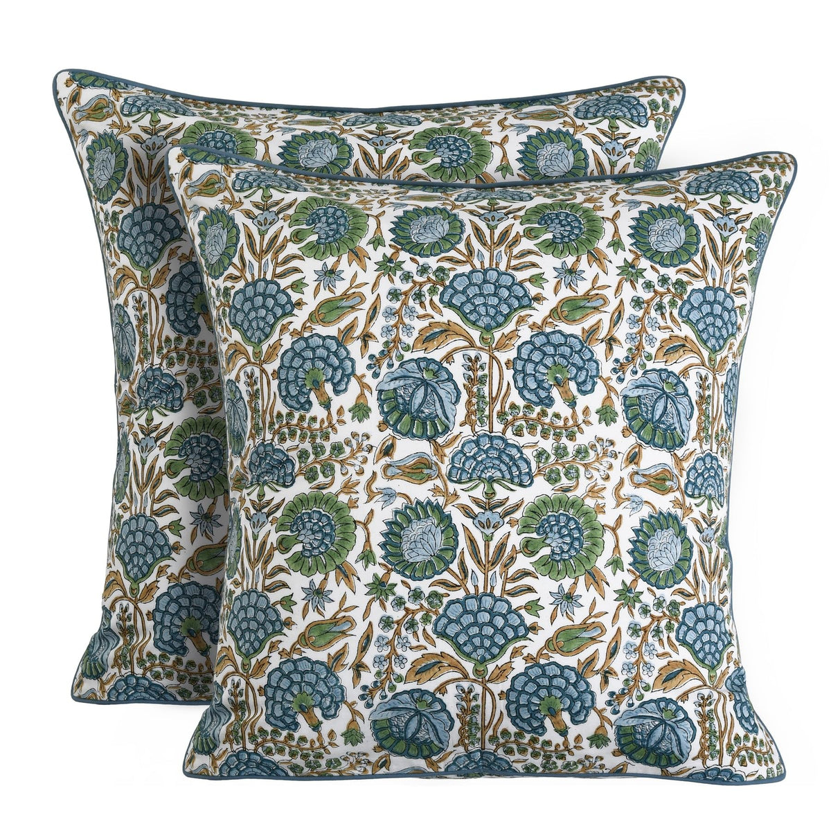 Ridhi block print asparagus green pillow cover on sofa adds farmhouse charm.