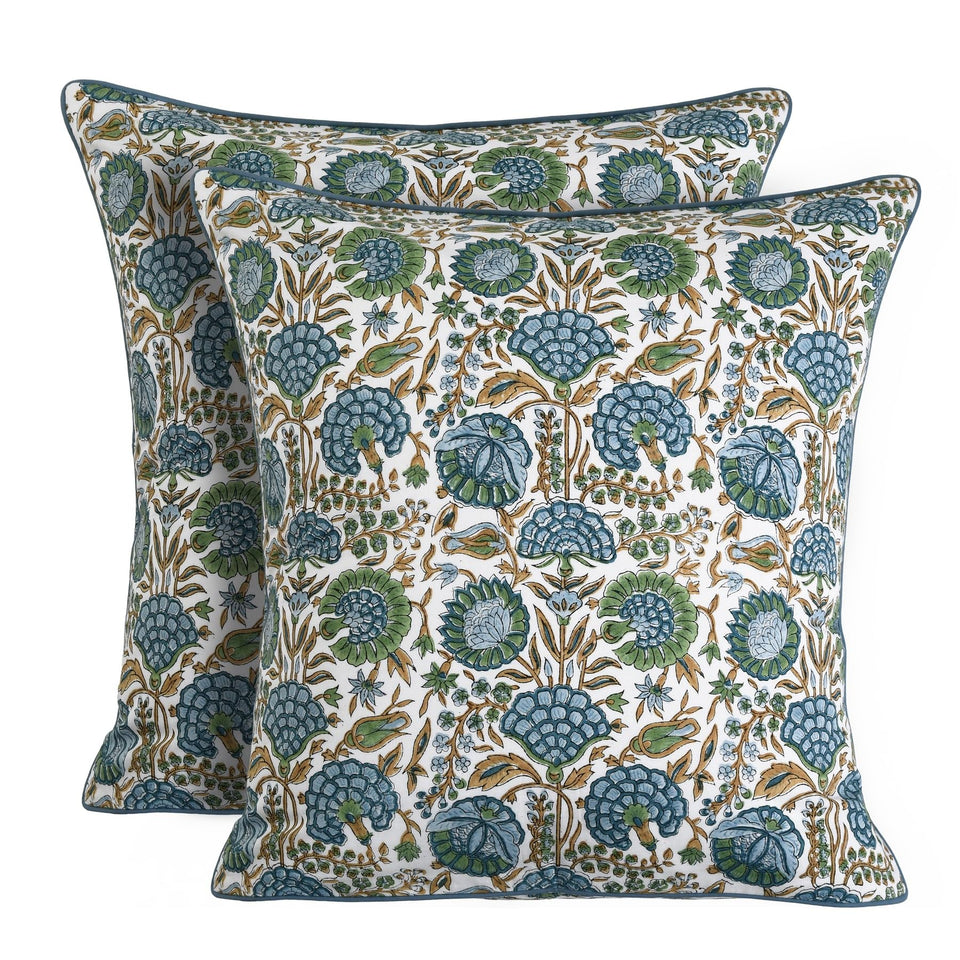 Ridhi block print asparagus green pillow cover closeup weave adds farmhouse texture.