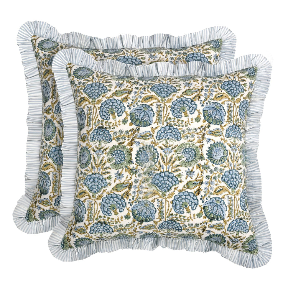 Ridhi block print asparagus green throw pillow cover with durable cotton canvas.