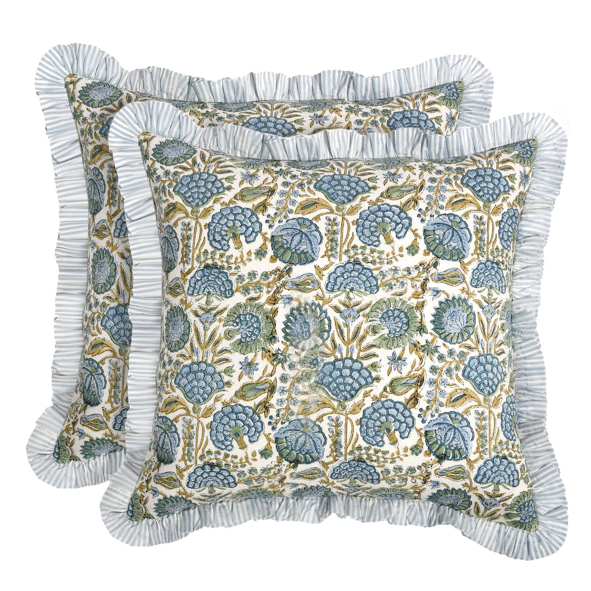 Ridhi block print asparagus green throw pillow cover front view enhances couch decor