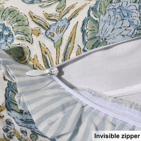 Ridhi block print pillow cover shows zip closure for easy insert changes