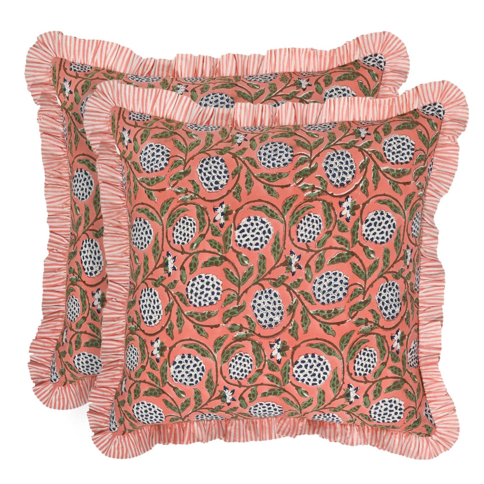Ridhi block print dark salmon pink pillow cover front view with vibrant color for living rooms