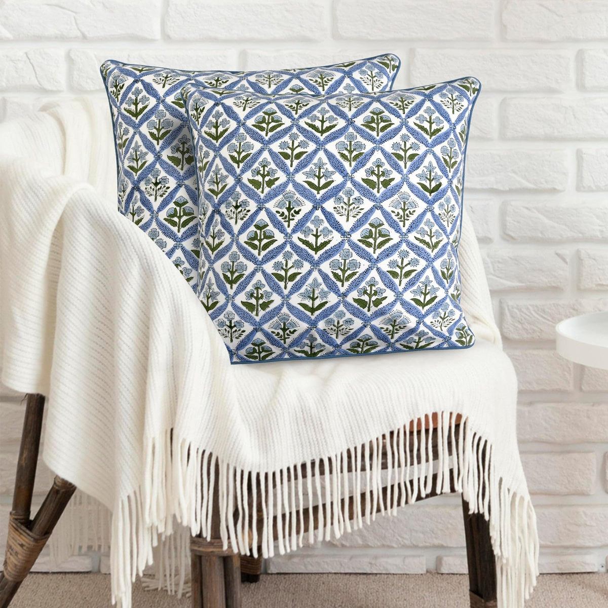Ridhi block print light steel blue pillow cover 18x18 brightens living room for spring