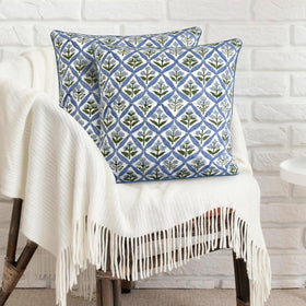 Ridhi block print light steel blue pillow cover 18x18 brightens living room for spring