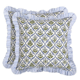Ridhi block print light steel blue pillow cover with ruffle adds refined color to your sofa decor