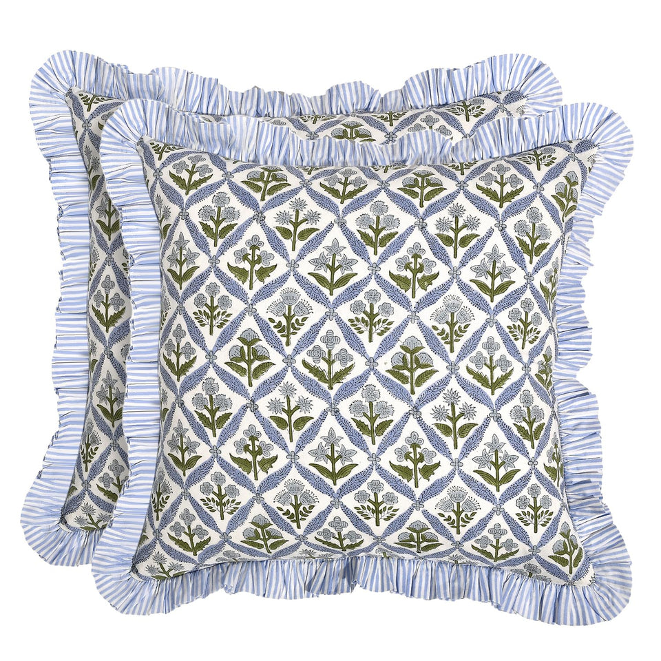 Ridhi block print light steel blue pillow cover with ruffle adds refined color to your sofa decor